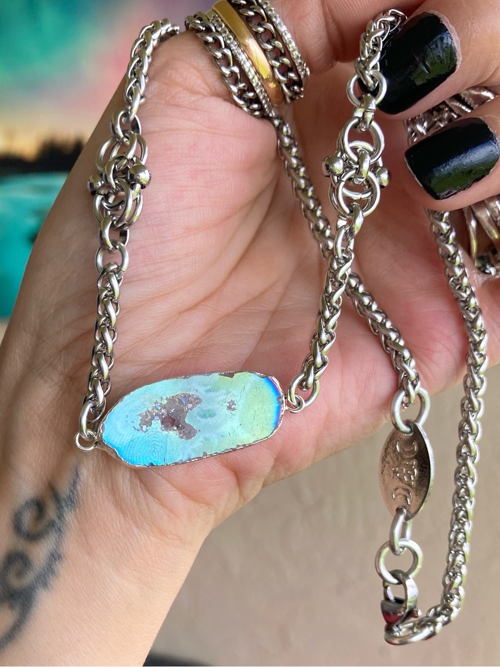 Druzy geode agate slice Celtic knot handmade boho silver necklace